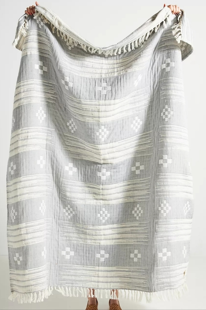 Anthropologie Ivory and Blue:Gray Patterned Throw Blanket